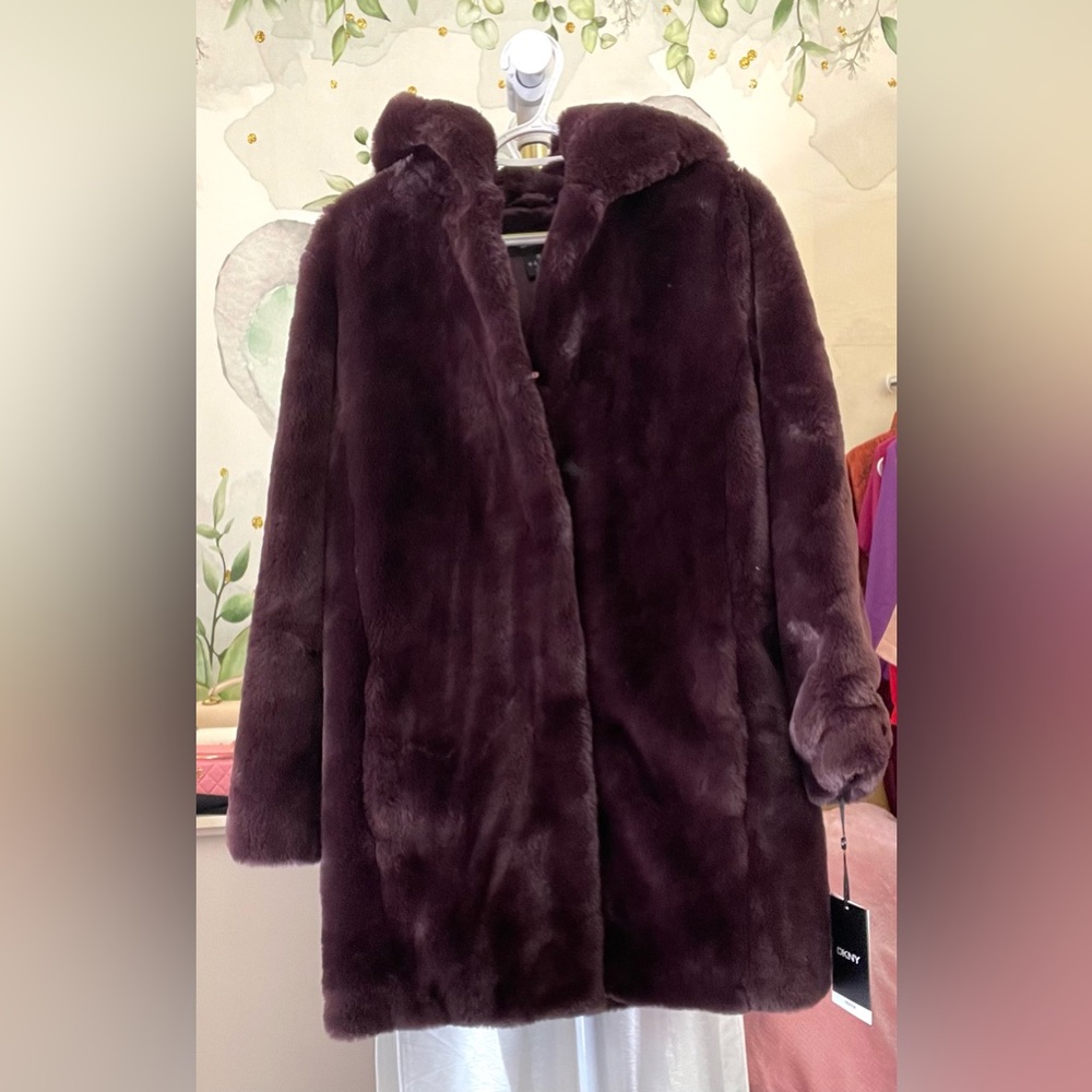 New DKNY hooded faux-fur coat jacket 0 2 xs red plum Christmas birthday 🎁 soft - Picture 1 of 5